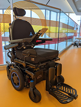Power wheelchair equipped with the LUCI platform, donated by Sunrise Medical.
